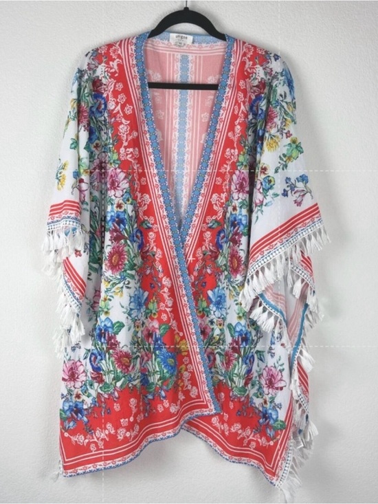 Umgee Other - Umgee Coral & Blue Floral Kimono with Fringe Trim